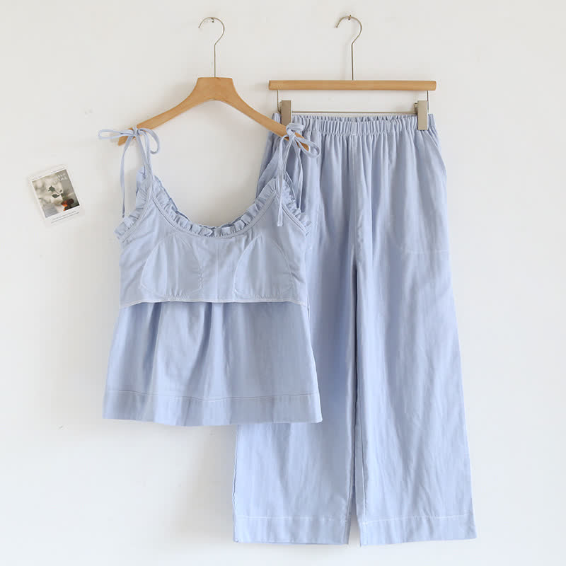 Einfarbiger Rüschen-Baumwollpyjama mit Camisole - image 4