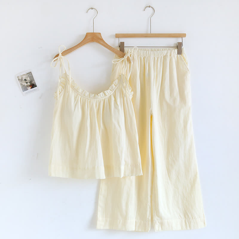 Einfarbiger Rüschen-Baumwollpyjama mit Camisole - Gelb - XL - image 17