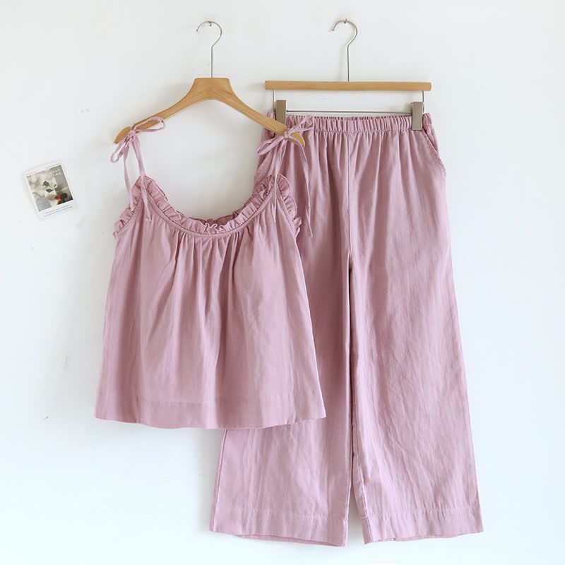 Einfarbiger Rüschen-Baumwollpyjama mit Camisole - Rosa - XL - image 16
