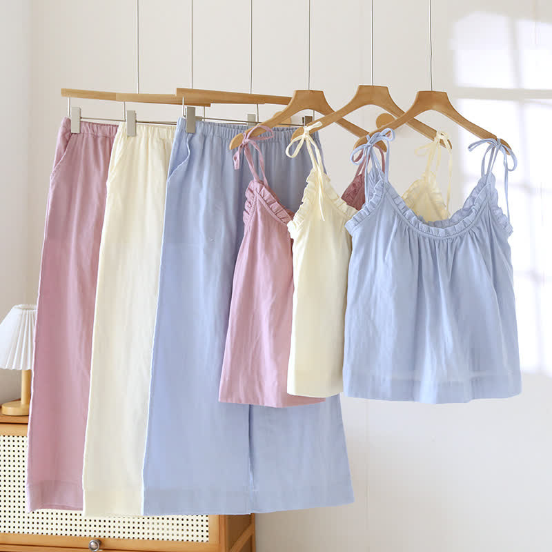 Einfarbiger Rüschen-Baumwollpyjama mit Camisole - image 0