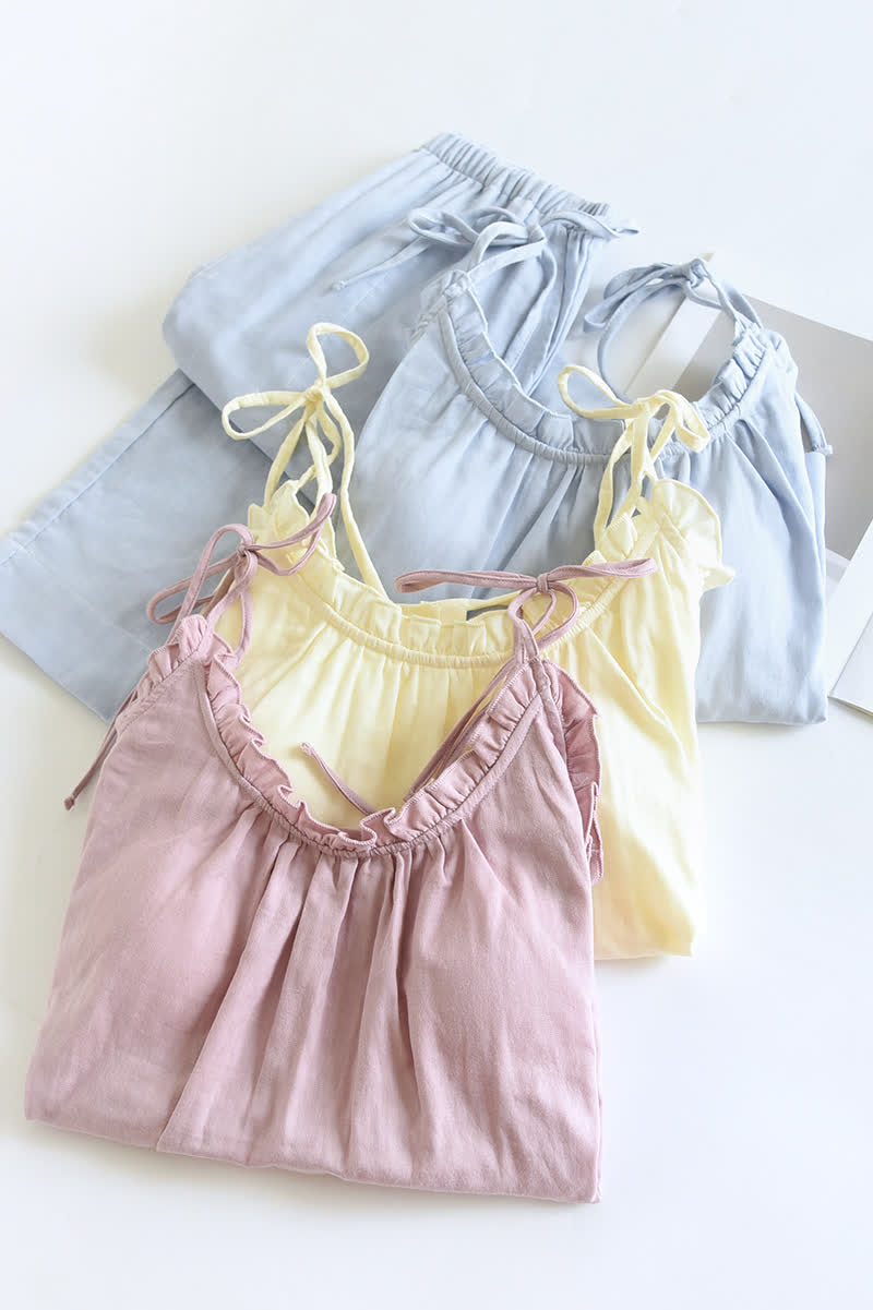 Einfarbiger Rüschen-Baumwollpyjama mit Camisole - image 2