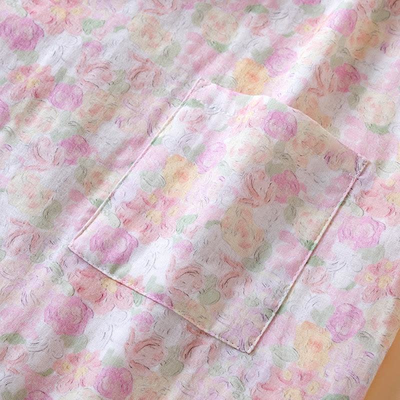 Rosafarbener japanischer Pyjama aus Baumwollgaze mit Blumenmuster