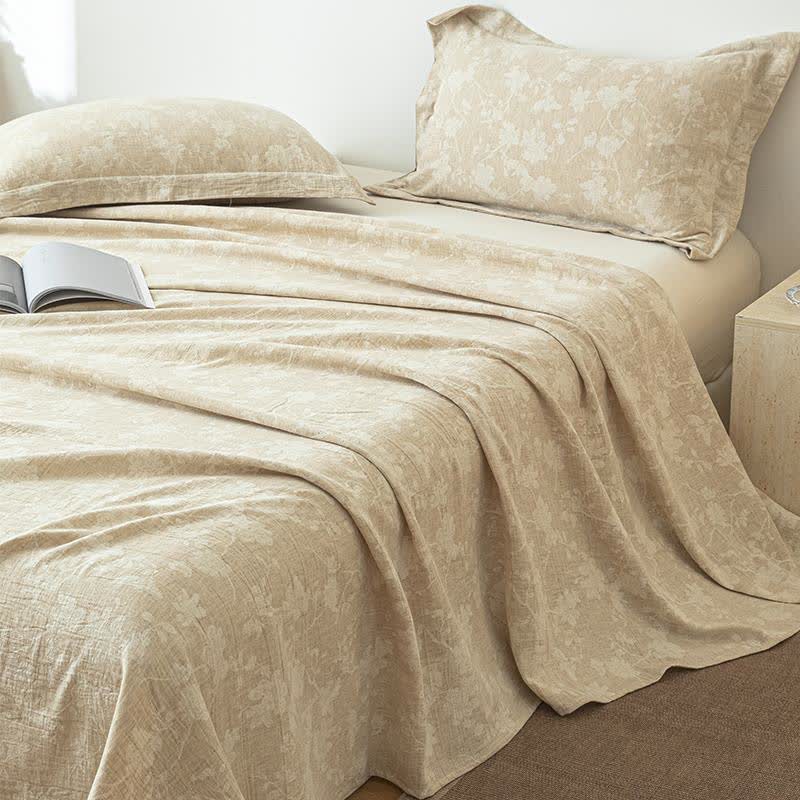 Beige Tagesdecke aus Baumwollleinen mit Blumenmuster