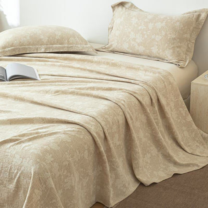 Beige Tagesdecke aus Baumwollleinen mit Blumenmuster