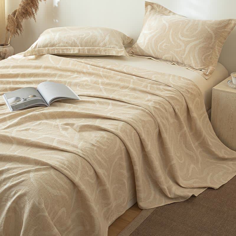 Beige Tagesdecke aus strukturiertem Baumwollleinen mit Kurvenmuster
