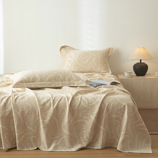 Beige Tagesdecke aus strukturiertem Baumwollleinen mit Kurvenmuster