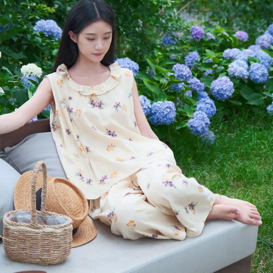 Ärmelloses Loungewear-Set aus Baumwolle mit Loquat-Print