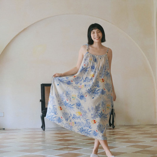 Blaues Camisole-Nachthemd aus Baumwolle mit Blumenmuster