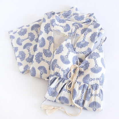 Blaues Loungewear-Set aus Baumwolle mit Fächerdruck (3-teilig)