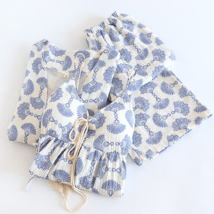 Blaues Loungewear-Set aus Baumwolle mit Fächerdruck (3-teilig)