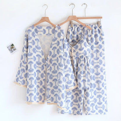 Blaues Loungewear-Set aus Baumwolle mit Fächerdruck (3-teilig)
