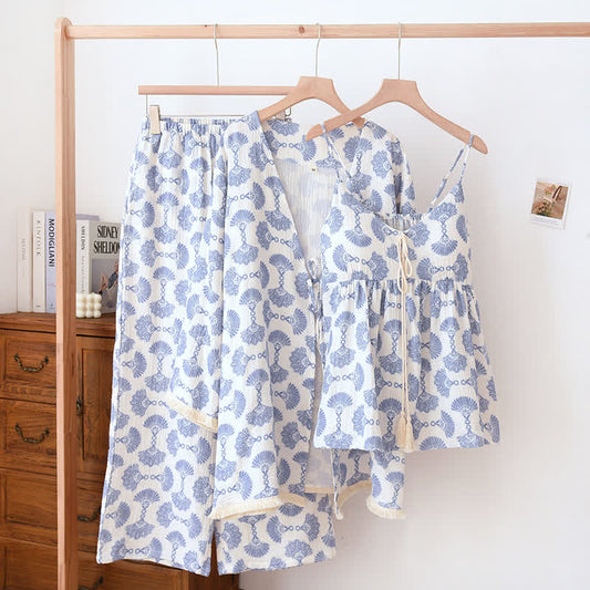 Blaues Loungewear-Set aus Baumwolle mit Fächerdruck (3-teilig)
