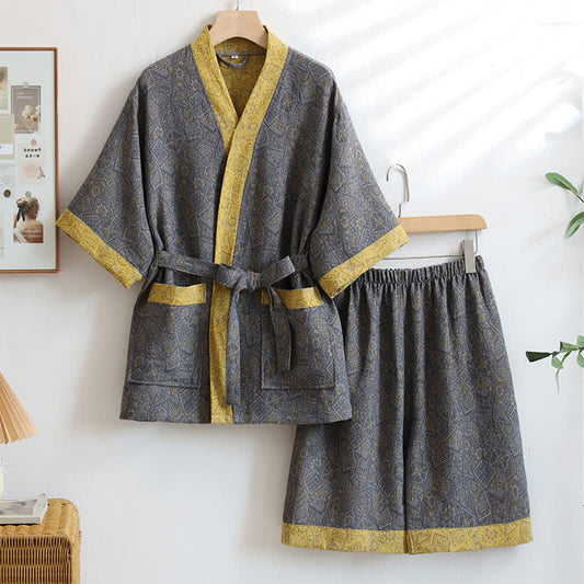 Unisex-Nachtwäsche aus Baumwolle im Kimono-Stil, grau, geometrisches Muster