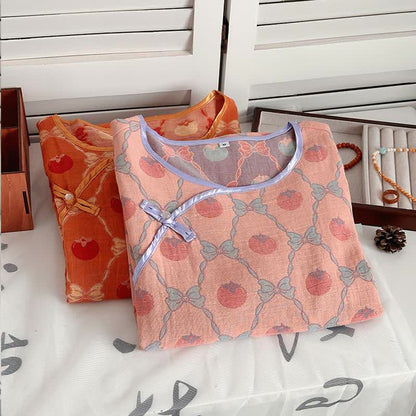 Nachthemd aus Baumwollgaze-Jacquard mit persimmonfarbener Schleife