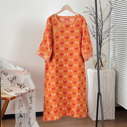 Nachthemd aus Baumwollgaze-Jacquard mit persimmonfarbener Schleife
