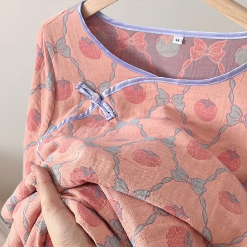 Nachthemd aus Baumwollgaze-Jacquard mit persimmonfarbener Schleife