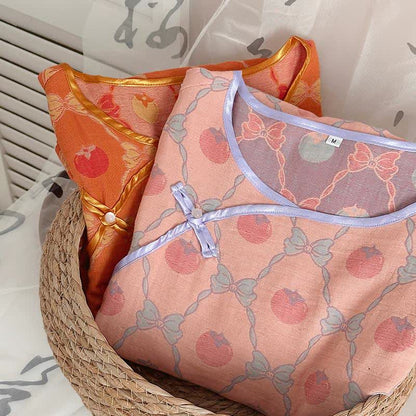 Nachthemd aus Baumwollgaze-Jacquard mit persimmonfarbener Schleife