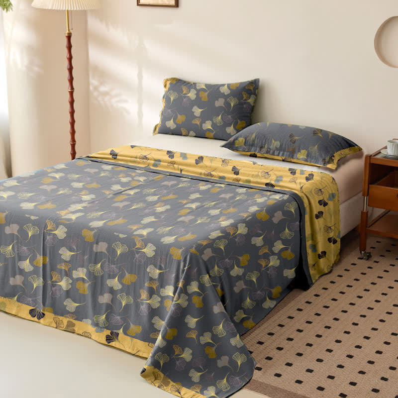 Wendbare Tagesdecke aus Baumwollgaze-Jacquard „Ginkgo“