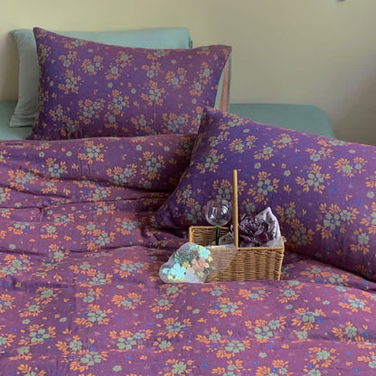 Lila geblümtes Baumwoll-Jacquard-Bettwäscheset (4-teilig)