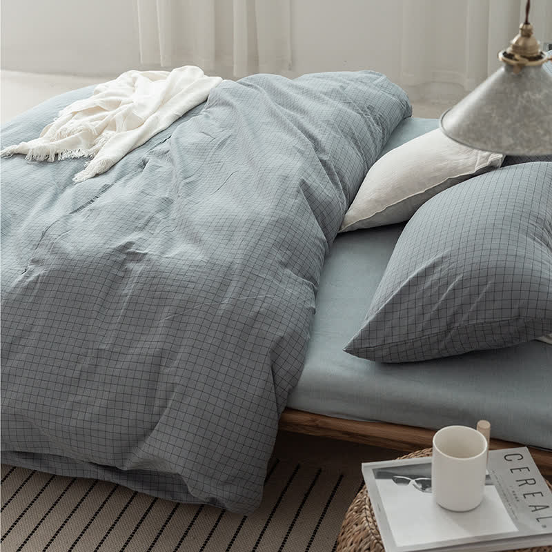 Minimalistisches Gittermuster-Bettwäscheset aus Baumwolle für Schlafsäle - Dunstblau - Cal King - image 4