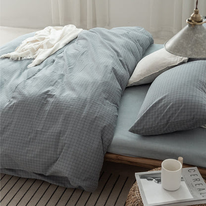 Minimalistisches Gittermuster-Bettwäscheset aus Baumwolle für Schlafsäle - Dunstblau - Cal King - image 4