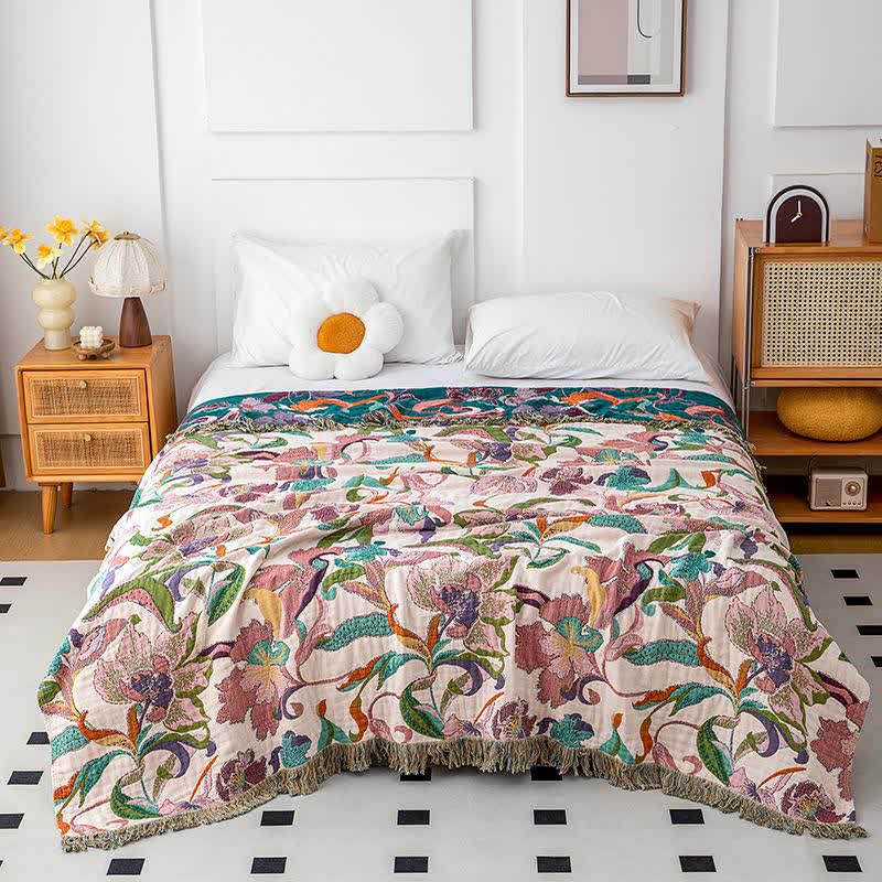 Decke aus Baumwollgaze mit Blumenranken und Quasten - image 3