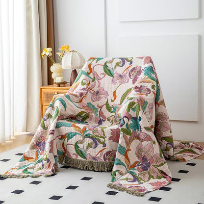 Decke aus Baumwollgaze mit Blumenranken und Quasten - image 2