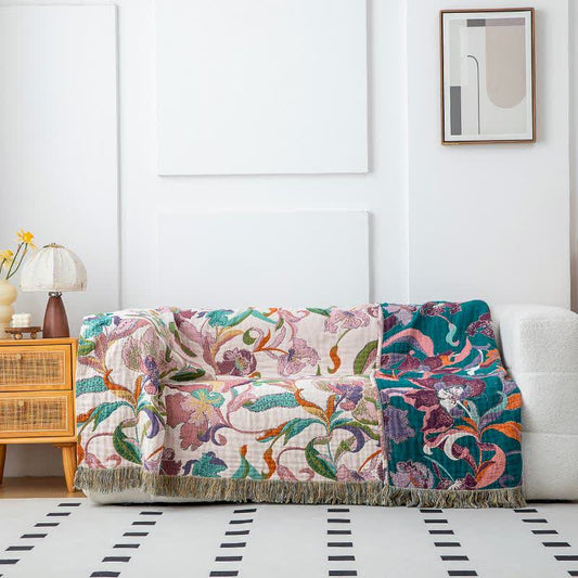 Decke aus Baumwollgaze mit Blumenranken und Quasten - 230cm x 250cm - image 1