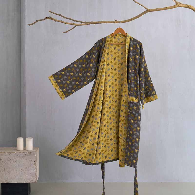 Zweifarbiger Kimono-Bademantel aus Ginkgo-Baumwollgaze - Grau & Gelb - 2XL - image 4