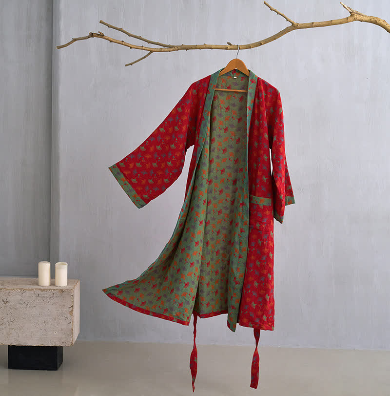 Zweifarbiger Kimono-Bademantel aus Ginkgo-Baumwollgaze - Rot & Grün - 2XL - image 6