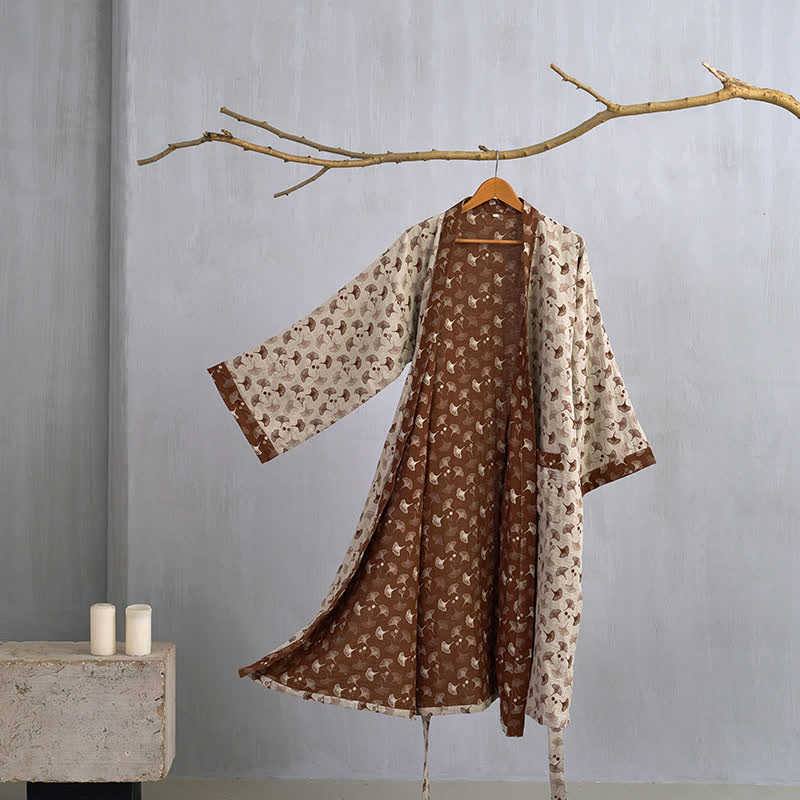 Zweifarbiger Kimono-Bademantel aus Ginkgo-Baumwollgaze - Beige & Kaffee - XL - image 11