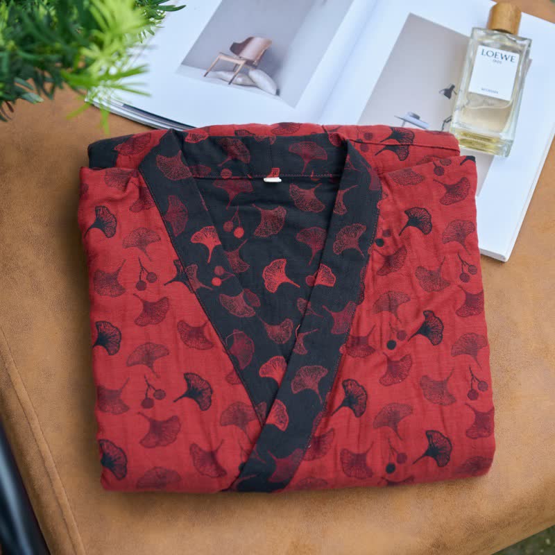 Zweifarbiger Kimono-Bademantel aus Ginkgo-Baumwollgaze - image 1