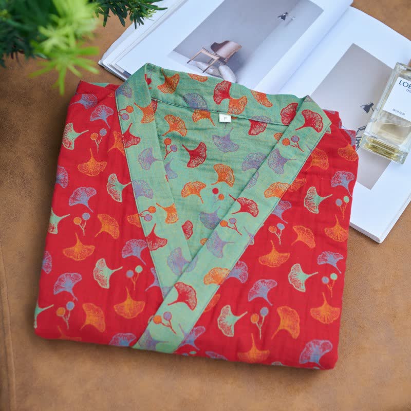 Zweifarbiger Kimono-Bademantel aus Ginkgo-Baumwollgaze - image 10