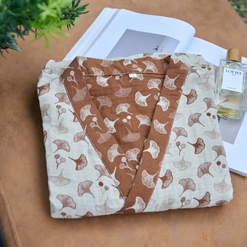 Zweifarbiger Kimono-Bademantel aus Ginkgo-Baumwollgaze - image 13