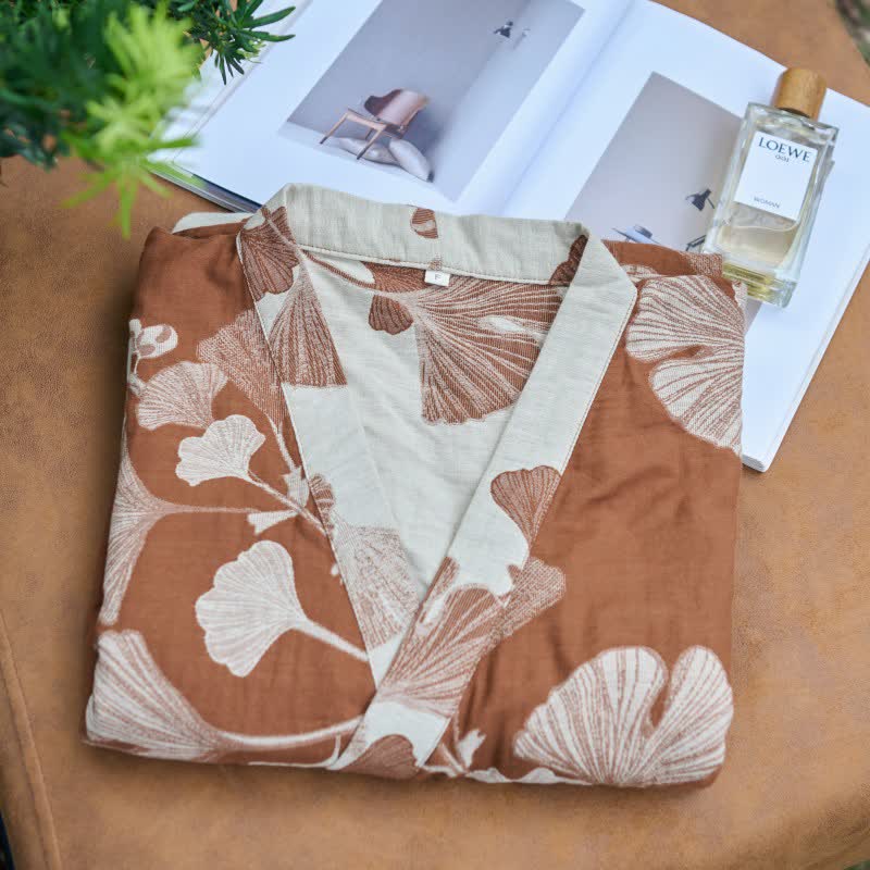 Großer Kimono-Bademantel aus Baumwolle mit Ginkgoblättern - image 3