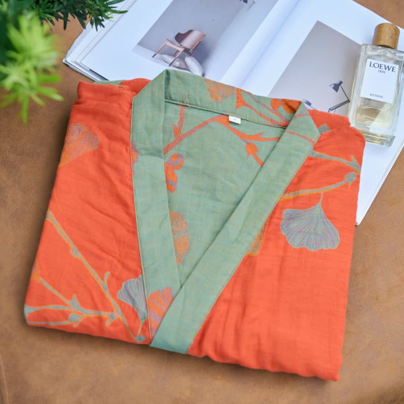 Großer Kimono-Bademantel aus Baumwolle mit Ginkgoblättern - image 1