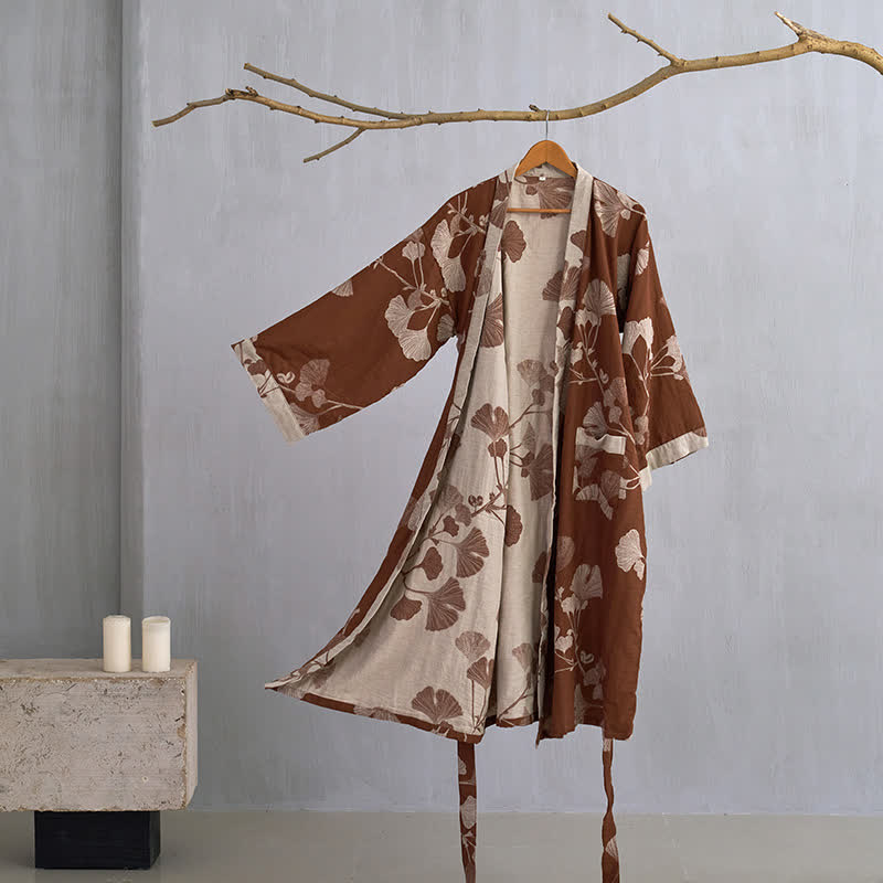 Großer Kimono-Bademantel aus Baumwolle mit Ginkgoblättern - Kaffee & Beige - XL - image 3