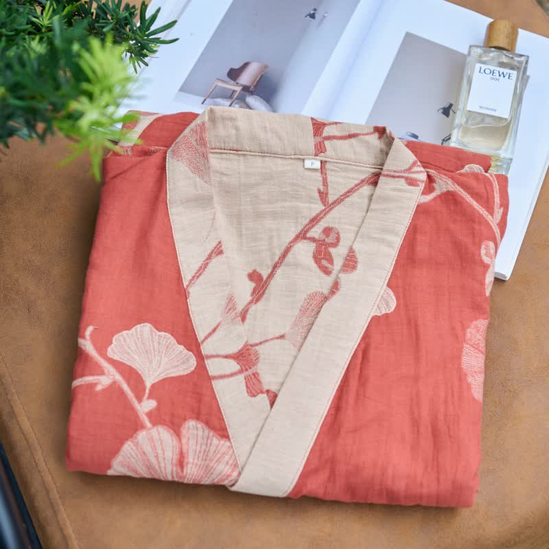 Großer Kimono-Bademantel aus Baumwolle mit Ginkgoblättern - image 6
