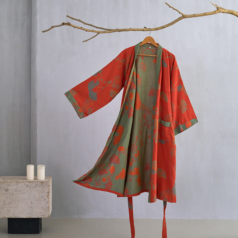 Großer Kimono-Bademantel aus Baumwolle mit Ginkgoblättern - Orange & Grün - XL - image 1