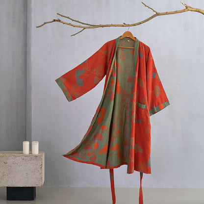 Großer Kimono-Bademantel aus Baumwolle mit Ginkgoblättern - Orange & Grün - XL - image 1