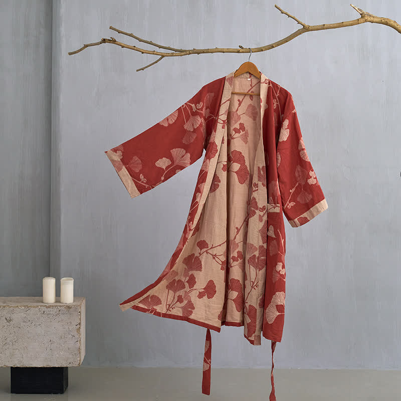 Großer Kimono-Bademantel aus Baumwolle mit Ginkgoblättern - Rot & Nude - XL - image 4