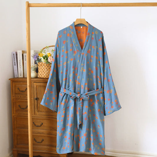 Tranquil Floral Kimono Robe aus japanischer Baumwolle - Blau & Orange - L - image 1