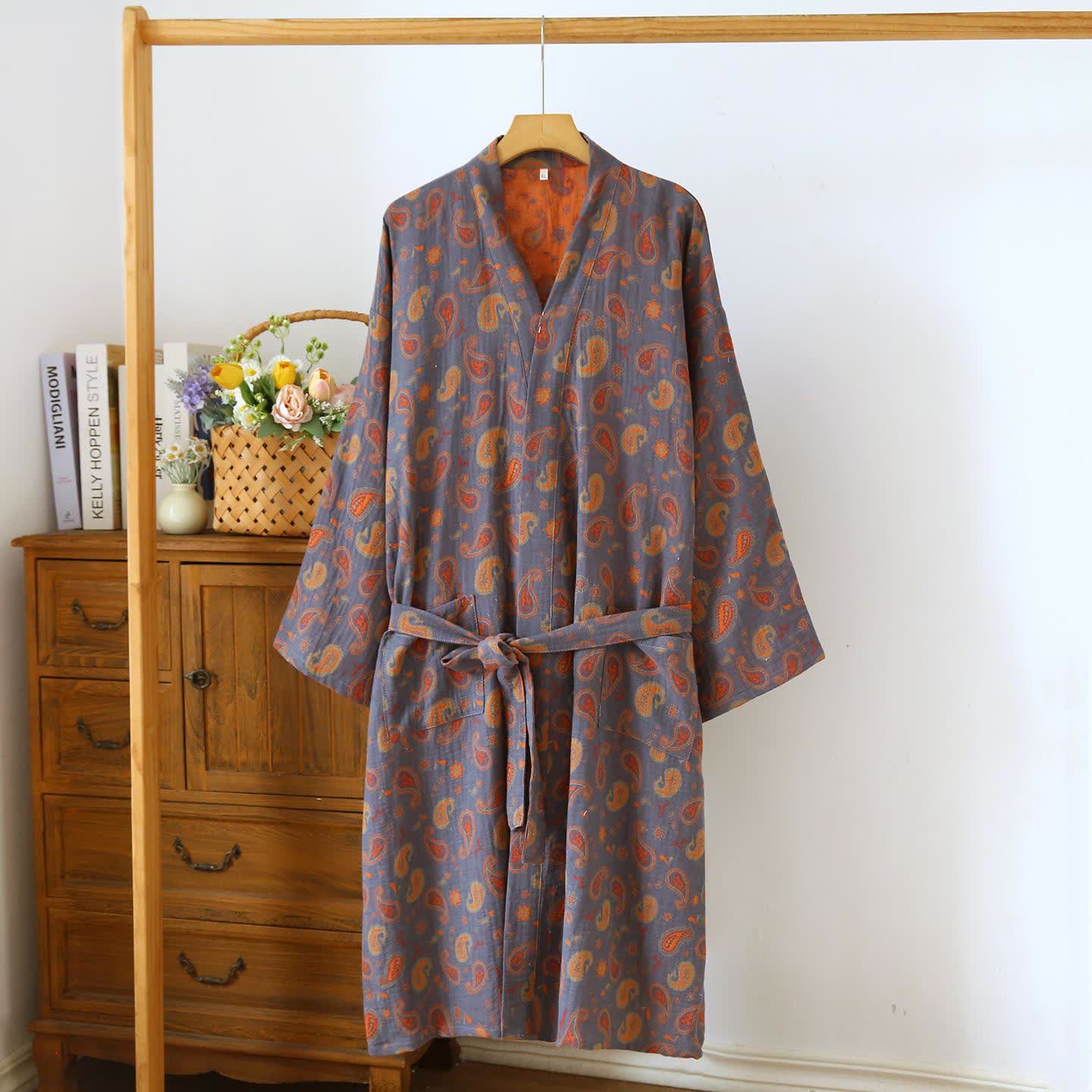 Japanischer Kimono-Bademantel aus Baumwollgaze mit Paisleymuster - Dunkelgrau & Orange - L - image 9
