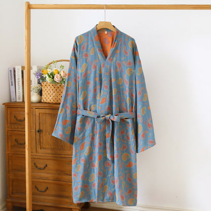 Japanischer Kimono-Bademantel aus Baumwollgaze mit Paisleymuster - Blau & Orange - L - image 1