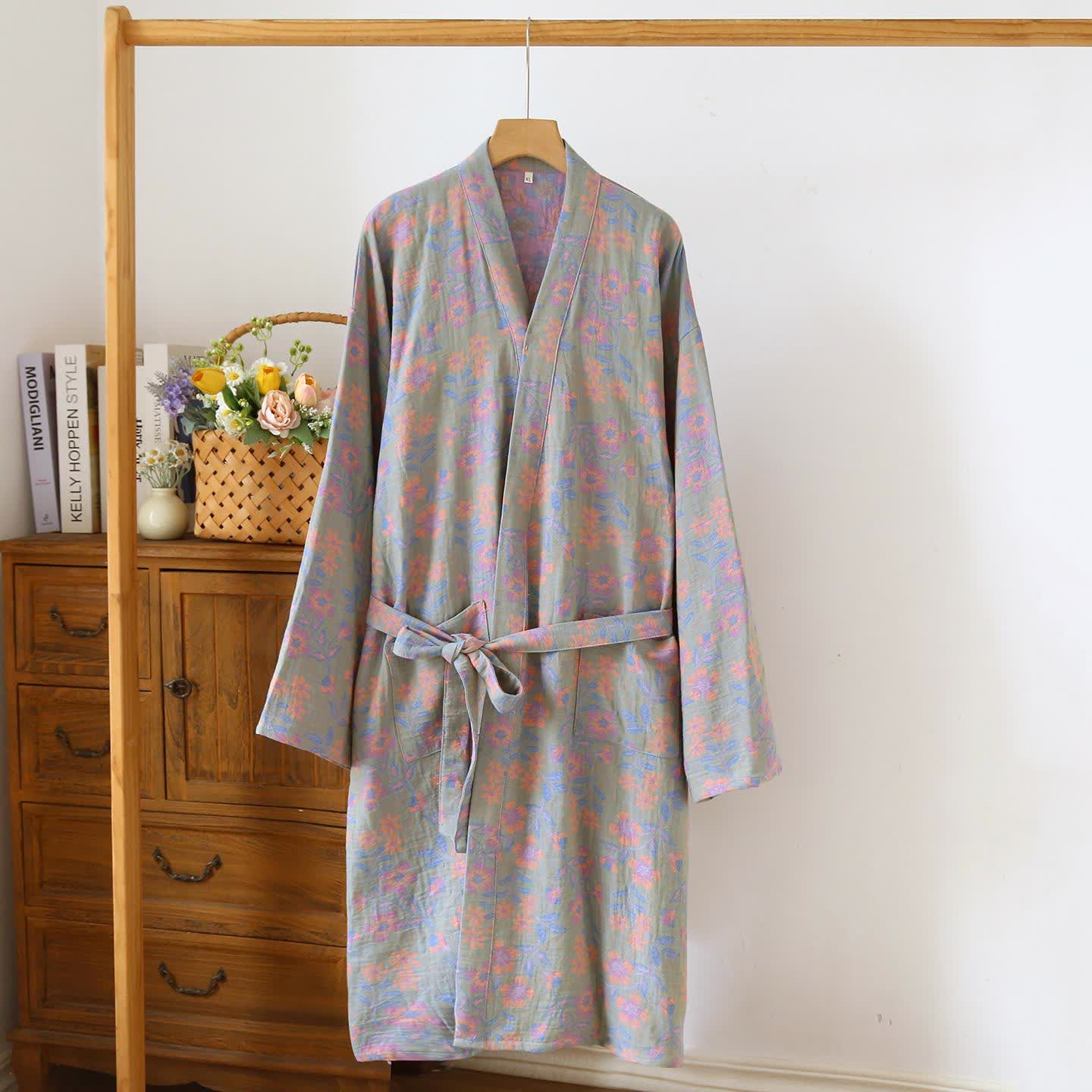 Japanischer Kimono-Bademantel aus Baumwolle in Narzissengrün - Hellgrün - L - image 2