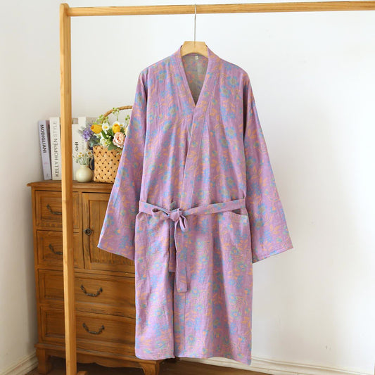 Japanischer Kimono-Bademantel aus Baumwolle in Narzissengrün - Hellviolett und Grün - L - image 1