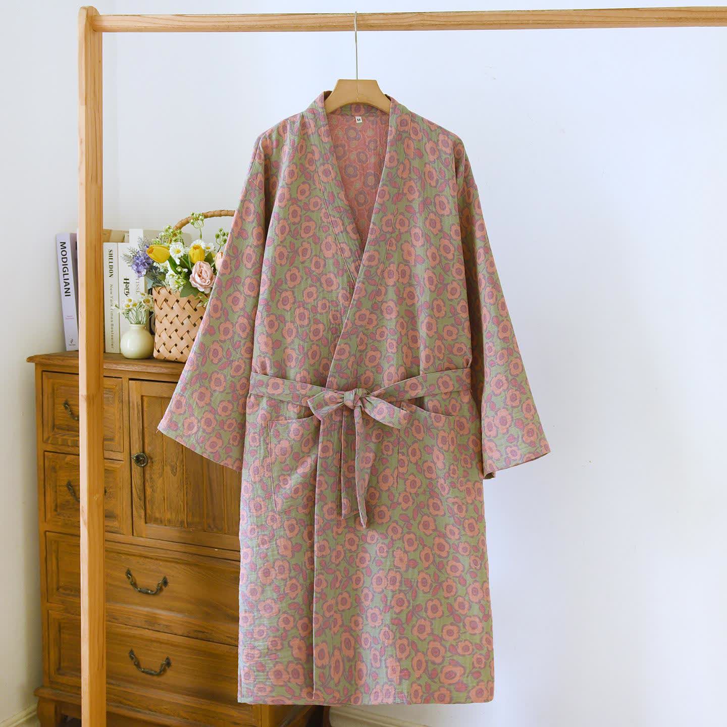 Japanischer Kimono-Bademantel aus Begonia-Baumwolle - Grün - L - image 13