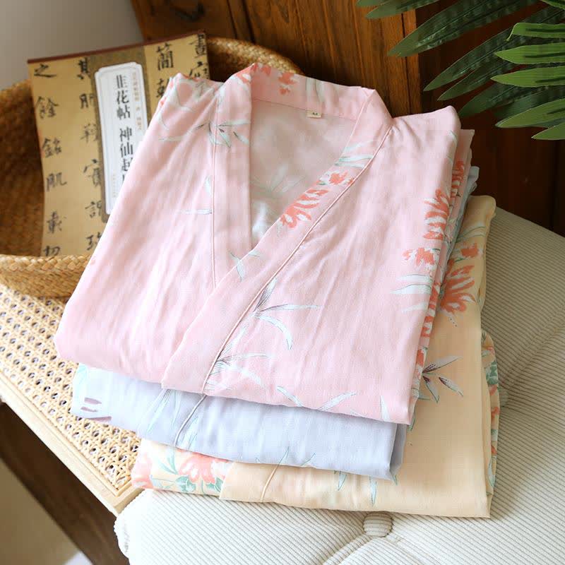 Japanischer Kimono-Bademantel aus Baumwolle mit Pfirsichblütenmuster - image 3