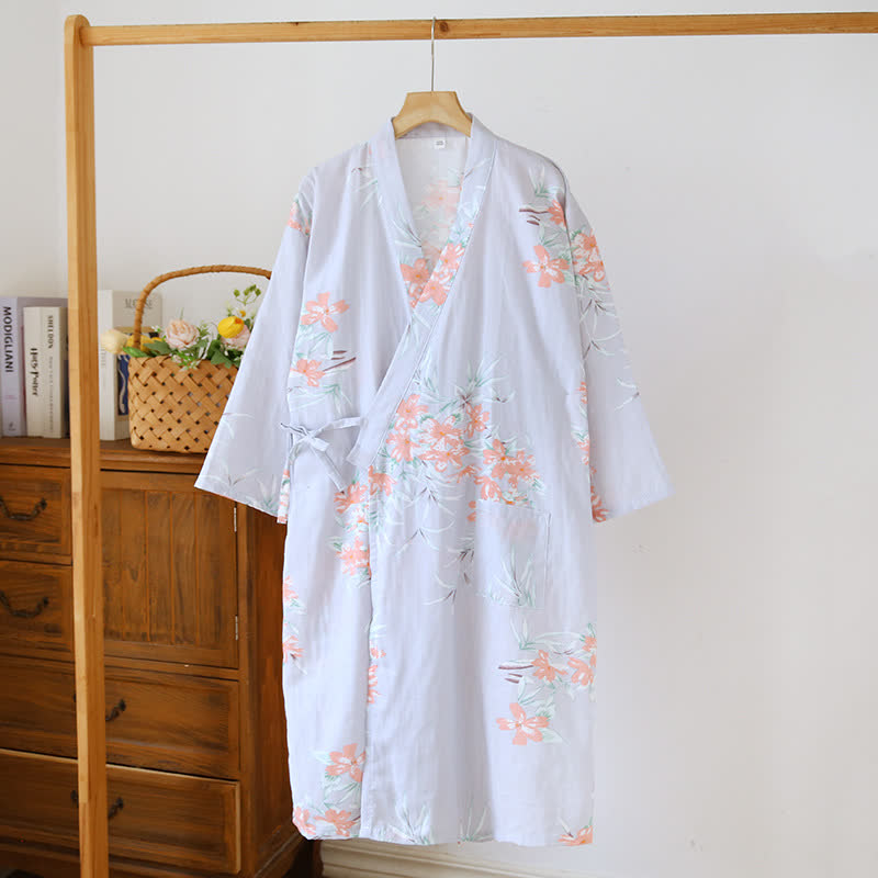 Japanischer Kimono-Bademantel aus Baumwolle mit Pfirsichblütenmuster - Hellviolett - L - image 5