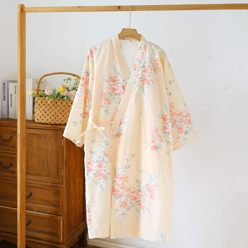 Japanischer Kimono-Bademantel aus Baumwolle mit Pfirsichblütenmuster - Orange - L - image 14
